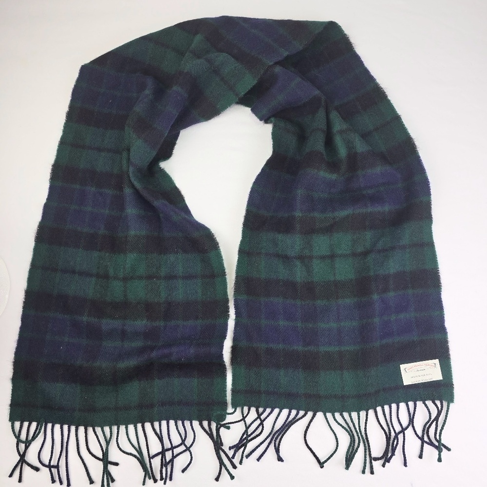 James Pringle Weavers Scarf 100% Wool Plaid Tartan 52X11" Green Blue Scotland